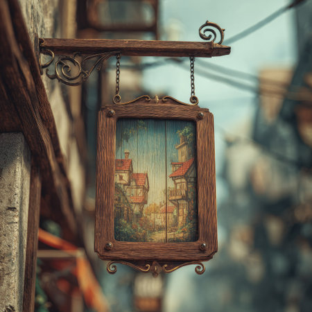 An aged, wooden sign hangs from a bracket, showcasing a painted landscape featuring buildings with red roofs. The artwork depicts a village scene with warm, earthy tones. The image has a slightly blurred background, possibly suggesting a depth of field effect. Suitable for commercial projects or illustrative purposes.の素材