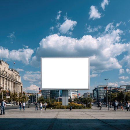 An outdoor scene featuring a large, empty billboard centered against a vibrant blue sky dotted with puffy white clouds. The structure is set in a city environment with buildings and pedestrians visible. Suitable for advertising concepts, commercial messages, and general promotional design.の素材