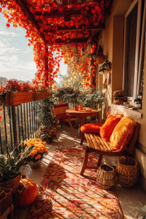 A balcony is adorned with warm-toned furniture and abundant autumnal foliage. Sunlight filters through the overhead plants, creating a play of light and shadow. The scene evokes a sense of comfort and relaxation. Suitable for interior design, lifestyle, and seasonal content needs.の素材