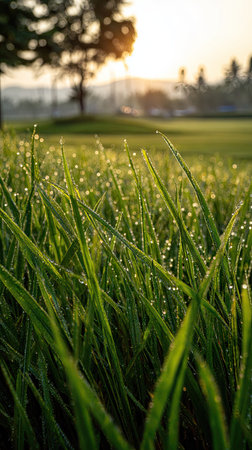 The image presents a close-up view of vibrant green grass blades, glistening with water droplets. Soft sunlight illuminates the scene, casting a warm glow. The background features a blurred landscape, possibly a field or meadow, with a tree silhouette. This image could be suitable for various editorial and commercial projects.の素材