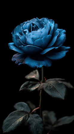 A striking image displays a fully bloomed blue rose isolated against a deep black background. The flower showcases intricate petal details, illuminated with soft lighting. Its elegant stem and leaves provide contrast. Suitable for editorial and commercial projects, the image evokes feelings of beauty and sophistication.の素材