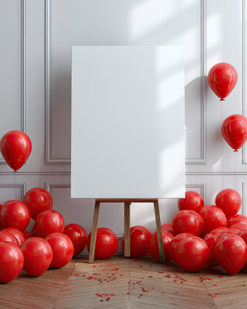 An empty white canvas stands on a wooden easel, surrounded by numerous red balloons. The balloons are scattered across a wooden floor, with some floating against a white panel wall. Soft lighting creates shadows, highlighting the composition. This image could be suitable for promotional materials or editorial content.の素材