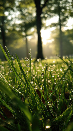 This image presents a close-up view of fresh green grass covered in water droplets. The composition features soft lighting that illuminates the blades. A blurred backdrop suggests an outdoor environment, possibly a park or field. This image is suitable for various commercial uses, including website backgrounds and print media.の素材