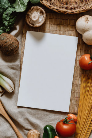 An overhead shot showcases a blank paper surrounded by various fresh vegetables, pasta, and mushrooms on a textured surface. The composition displays vibrant colors and textures in natural light, evoking a rustic and artisanal feel. This image could be suitable for recipe content or food-related commercial applications.の素材