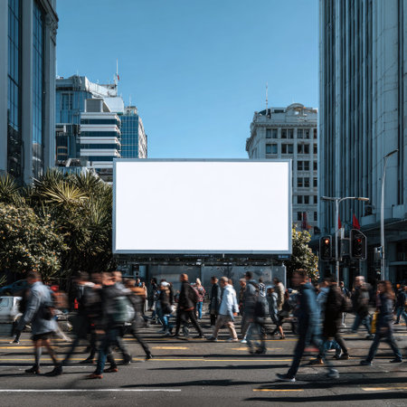 A large, blank billboard stands prominently in a city street, ready for advertising. Pedestrians walk across the crosswalk, while tall buildings and lush trees frame the scene. The image showcases a clear blue sky, emphasizing an urban environment. Suitable for commercial uses, including promoting products or events.の素材