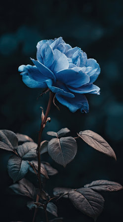 A striking blue rose stands in sharp focus, its petals fully open. The image showcases the rose against a dark, blurred background, enhancing the contrast. Its textures and details are highlighted with soft lighting. This image could be used for various design, decorative, and editorial purposes.の素材