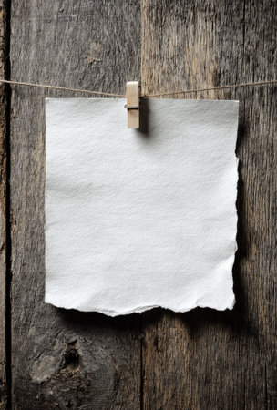 A white paper sheet is suspended from a string held by a wooden clip against a textured wooden backdrop. The composition highlights a minimalist design with a focus on simplicity. The lighting is soft, creating shadows and enhancing the natural textures. This image is suitable for various commercial uses, including presentations or as an artistic element.の素材