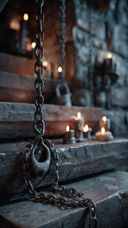 A close-up view presents a chain and lock, the primary elements. The scene features stone surfaces and the warm glow of candles. The composition focuses on texture and detail, suggesting a vintage or historical setting. Suitable for various visual projects and potential commercial applications.の素材