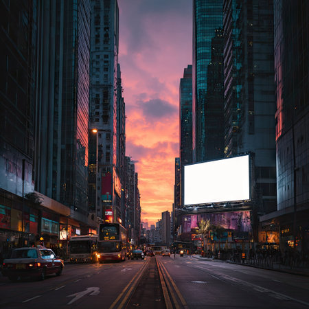 An urban scene depicts a city street at dusk. Tall buildings line the road, while a digital billboard provides a blank canvas for visual communication. The composition is framed with a central perspective, leading the eye to a vibrant sunset. This image suits various commercial applications.の素材