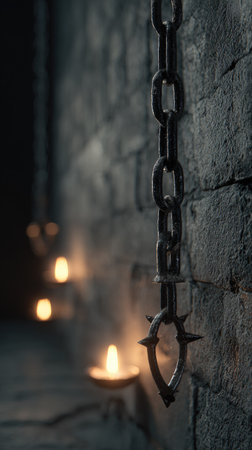 A close-up captures a descending chain with attached spiked shackles set against a weathered brick wall. Soft candlelight illuminates the scene, hinting at a shadowy interior. The image's composition and textures suggest dramatic lighting. Suitable for diverse editorial and commercial applications.の素材