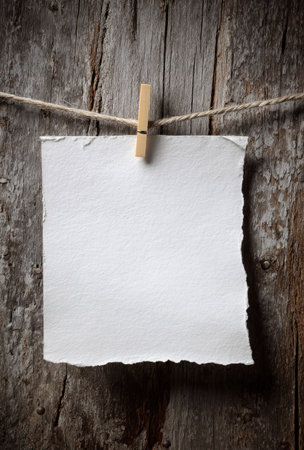 A square, white paper sheet is held by a wooden clothes peg against a textured, wooden surface. The composition uses a simple, overhead lighting style, with the paper providing contrast. The rustic aesthetic and copy space make this image suitable for various commercial uses such as presentations, or social media content.の素材