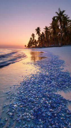 The image showcases a coastal landscape during the early hours of the day. Palm trees line the shoreline, silhouetted against a sky transitioning through shades of orange and purple. The foreground is filled with a dense mass of blue objects, suggesting possible marine life. This composition may be suitable for various commercial and editorial applications.の素材
