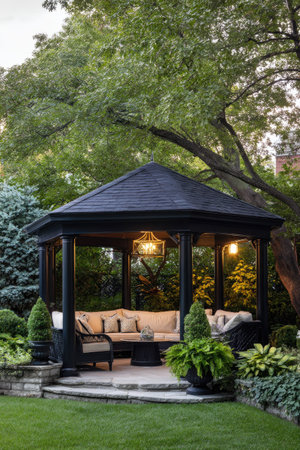 An outdoor gazebo is featured, showcasing dark pillars and a peaked roof. The structure houses comfortable seating, illuminated by warm lighting. Surrounding the gazebo is vibrant green foliage, including trees and manicured bushes, set in a natural outdoor environment. Ideal for editorial content or commercial uses.の素材