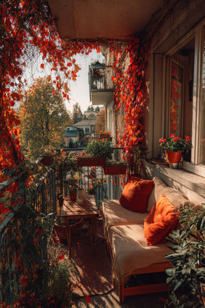 An inviting balcony scene is displayed, featuring vibrant red autumn leaves cascading over the railing. The composition includes a seating area with orange cushions, a small table, and potted plants. Warm sunlight filters through, enhancing the cozy atmosphere suitable for lifestyle, home decor, and editorial projects.の素材
