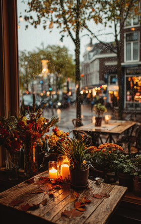 An inviting indoor scene showcases a wooden table adorned with candles, flowers, and greenery. Warm light emanates from the candles, complemented by the natural light from a window. The composition offers a glimpse of an urban street with shops and trees, suggesting a pleasant atmosphere appropriate for editorial and commercial use.の素材