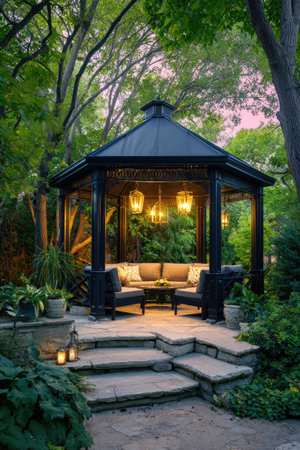 An inviting outdoor gazebo is shown surrounded by verdant trees and plants. Warm lighting illuminates the interior, highlighting comfortable seating and a small table. The image features a serene composition with natural textures and colors, suggesting relaxation. Suitable for design, lifestyle, and home decor content.の素材