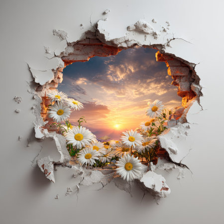 An artistic concept presents a view through a wall featuring blooming daisy flowers and a vibrant sunset. The composition displays bright sunlight, creating a warm atmosphere with a sky and clouds. This image may be suitable for creative projects or editorial designs, offering a unique visual perspective.の素材