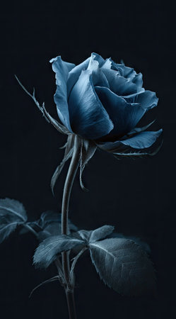 A close-up captures a single blue rose, its petals delicately illuminated against a black background. The image showcases textures, with fine details and a focus on form. The lighting emphasizes the rose's structure. Suitable for artistic projects, design, or visual content.の素材
