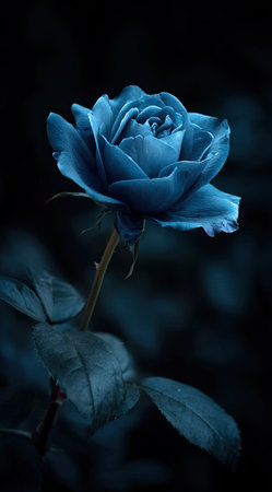 A close-up captures a single blue rose in full bloom, highlighted against a dark backdrop. The image reveals delicate petals and a long stem, evoking a sense of elegance. The monochromatic tones and subtle lighting enhance the rose's textures and forms, suitable for various design projects.の素材