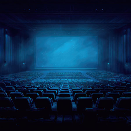 An interior shot features a large theater auditorium with rows of seating facing a bright screen. The color palette emphasizes cool blues and dark tones, suggesting a night setting. The composition showcases a perspective view with strong symmetry, and spotlights illuminate the stage. Suitable for various editorial and commercial applications.の素材
