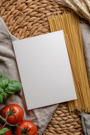 An overhead shot presents a still life arrangement with spaghetti, fresh basil leaves, ripe tomatoes, and wheat stalks. These elements are set on a woven surface with a linen cloth, and a blank paper is available. This visual composition could be used for culinary projects or editorial layouts.の素材