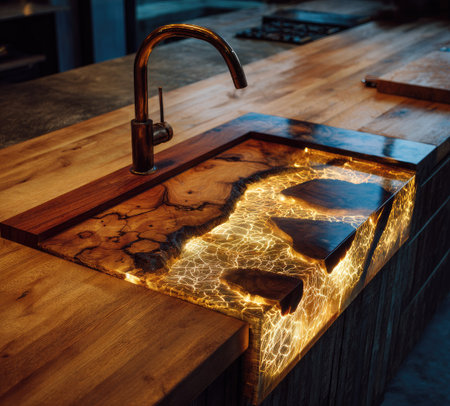 An illuminated kitchen sink is featured on a wooden countertop. The design incorporates a contrasting wooden surround and an internal glowing element creating a warm ambiance. The image showcases the interplay of light and texture, suitable for decorative and commercial uses.の素材