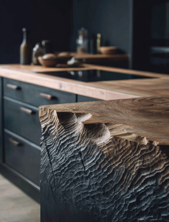 A close-up reveals a kitchen island with a striking wooden countertop featuring a unique, textured edge. Dark cabinets provide a contrasting backdrop. The scene is illuminated by soft lighting, suggesting an indoor setting. Suitable for commercial applications such as interior design or culinary projects.の素材