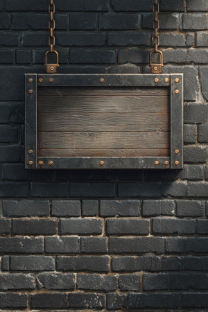 A wooden sign with metal frame hangs from chains against a dark brick wall. The sign features a textured, aged appearance. The composition showcases detailed brickwork and aged metal, possibly suggesting a vintage or industrial aesthetic. The image could be suitable for visual communication or marketing materials.の素材
