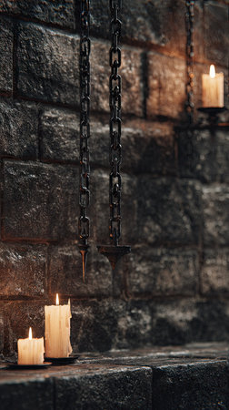 A close-up view presents a rough stone wall setting. Dark metal chains hang downward, and several lit candles provide the only light. The textured stone surface contrasts with the smooth glow of the candles, creating a moody atmosphere. This image could be used for various projects, including historical content.の素材
