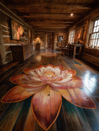 A spacious interior is highlighted by a large floral artwork on the wooden floor. The composition includes wooden walls and ceiling, warm lighting, and detailed woodwork. It evokes a feeling of tranquility and artistic expression suitable for various uses.の素材