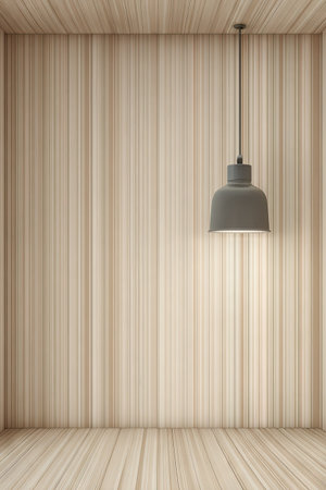 An interior rendering depicts a simple room with wooden walls and flooring. A single pendant lamp hangs from the ceiling, illuminated against the vertical wood grain. The scene is lit by overhead lighting, offering copy space. This image could be suitable for architectural, design, or lifestyle publications.の素材