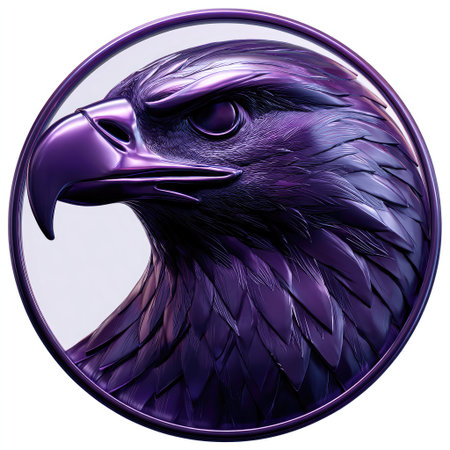 An illustration depicts the head of an eagle in shades of purple. The image features a circular composition with detailed textures, emphasizing a modern design aesthetic. Suitable for various applications, this graphic can be utilized for logos, branding, or decorative purposes. The image is rendered with digital techniques and offers versatility.の素材