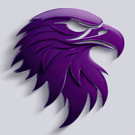 A vibrant purple eagle head graphic is presented against a neutral light background. The image showcases the avian profile with sharp details and a glossy appearance. Suitable for design projects, the image has a clean aesthetic and could be employed for various commercial and editorial applications.の素材