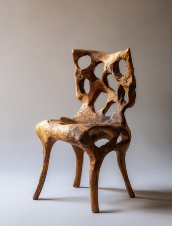 A close-up view presents an artistic wooden chair, featuring an unconventional, textured design. The chair displays a natural wood grain and organic shapes. The lighting appears soft and even, highlighting the chair's form against a neutral background. This image could be suitable for various design, art, or interior projects.の素材