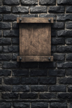 A weathered wooden scroll is mounted on a dark brick wall. The wood shows grain detail and has a warm brown hue. The composition is centered, with even lighting. This image could be used for various projects needing a textured backdrop or display element.の素材