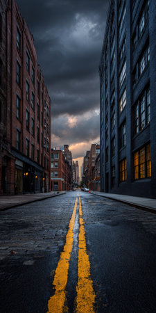 An urban street is depicted with buildings on either side. The dark sky overhead suggests a storm is approaching. The wet road surface reflects the surrounding elements. The scene could be used for various commercial or editorial applications such as articles, websites and advertising material.の素材