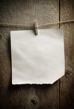 A single sheet of blank paper is clipped to a rope, suspended against a backdrop of weathered wooden planks. The composition features a natural color palette, with visible wood grain and textures. The overall lighting is soft, creating shadows. This image could be used for various projects, including advertising or editorial content.の素材
