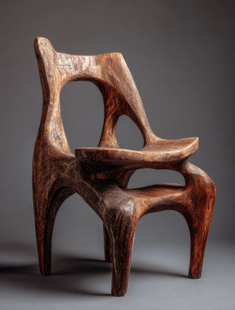 An artistic wooden chair features intricate, flowing forms. The chair's design emphasizes negative space and curves, with a textured surface and warm brown tones. The composition is simple, with soft lighting enhancing the handcrafted details. This image could be suitable for design publications or to illustrate artistic themes.の素材