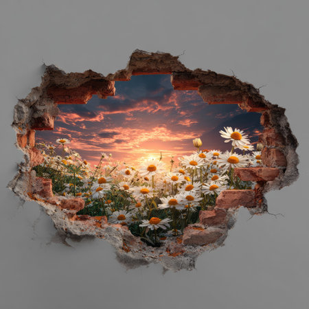A field of daisies is seen through a hole in a wall, illuminated by a vibrant sunset. The composition uses a mix of warm and cool tones, enhancing depth and perspective. This surreal image may be suitable for creative projects, advertising, or as an element for design.の素材