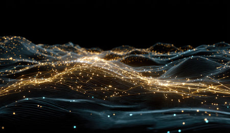 An artistic visualization depicts a flowing network of interconnected lights set against a dark backdrop. The image features undulating, layered forms, highlighted by luminous points and lines, creating a sense of depth. The color palette includes shades of blue and gold, suggesting a digital or technological environment. Suitable for conceptual illustrations and designs.の素材