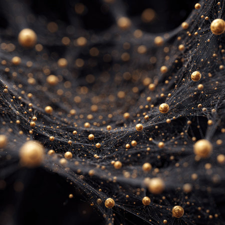 An abstract digital artwork depicts a web-like structure adorned with numerous gold-colored spheres against a deep black backdrop. The composition features intricate lines and textures, creating a sense of depth and complexity. This image, with its contrasting colors and patterns, may be suitable for various commercial or artistic applications.の素材