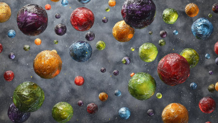 This abstract illustration features a multitude of vibrant, translucent spheres of varying sizes and colors, suspended against a dark, textured background. The composition employs a dynamic arrangement, with dappled lighting adding depth. Ideal for use in designs requiring a modern and artistic visual element, it is suitable for various commercial purposes.の素材