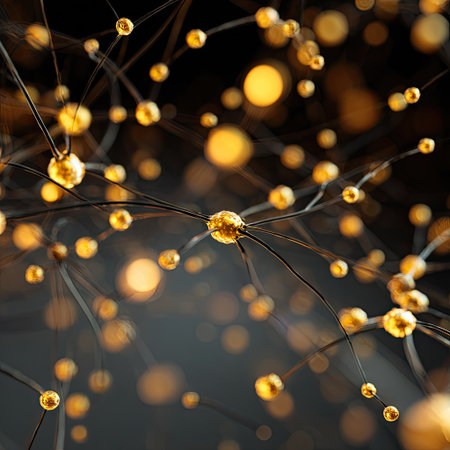 An artistic image presents multiple luminous spheres connected by thin lines. The composition features a dark background, highlighting the golden spheres. Bokeh effects add depth and visual interest. Suitable for various design projects, this abstract art can be used commercially for visual communication needs.の素材