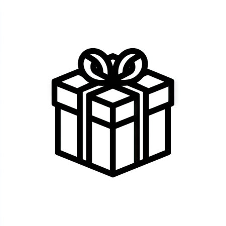 A simple black and white graphic presents a gift box tied with a decorative ribbon. The image features a minimalist style with clean lines and a modern appearance, suitable for various digital platforms. The composition is isolated on a white backdrop, suitable for design and marketing projects.の素材