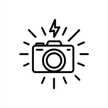 An illustrated camera icon, radiating light and featuring a lightning bolt symbol. The design uses bold black lines on a white background, creating a clean and modern aesthetic. Suitable for various design projects, including websites, applications, and promotional materials related to photography and visual media.の素材