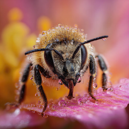 A macro photograph presents a honeybee covered in water droplets, resting atop a delicate pink flower petal. The image showcases intricate details of the bee's structure against a blurred background of yellow and pink hues. The composition uses shallow depth of field, suitable for various editorial and commercial applications.の素材