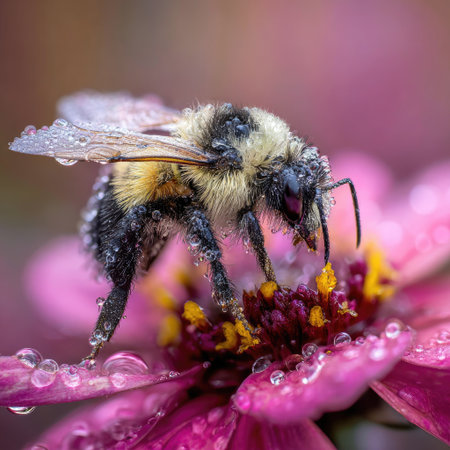 A detailed image showcases a bee foraging on a pink flower, possibly a zinnia. The insect is covered with water droplets. The composition features a shallow depth of field, highlighting the bee and the flower's intricate details. The soft lighting and blurred background suggest an outdoor setting, suitable for various editorial and commercial applications.の素材