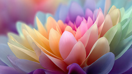 A vibrant macro photograph presents a flower with layered petals showcasing a spectrum of soft colors. The petals exhibit a gradient effect, transitioning from warm tones to cool hues. The image has a shallow depth of field, with a blurred background. Suitable for use in design projects or editorial content related to nature and beauty.の素材