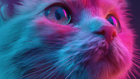 A close-up view presents a cat with fur highlighted by vivid pink and blue neon lighting. The image showcases the animal's face, emphasizing its eyes and nose. This digitally created art piece exhibits a smooth texture and a dynamic composition, potentially suitable for various creative and commercial applications.の素材