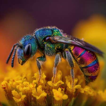 A close-up captures a striking bee displaying vibrant iridescent colors and intricate details. The insect rests on a cluster of yellow flowers, suggesting a natural outdoor environment. The composition utilizes a shallow depth of field, ideal for various editorial and commercial applications.の素材